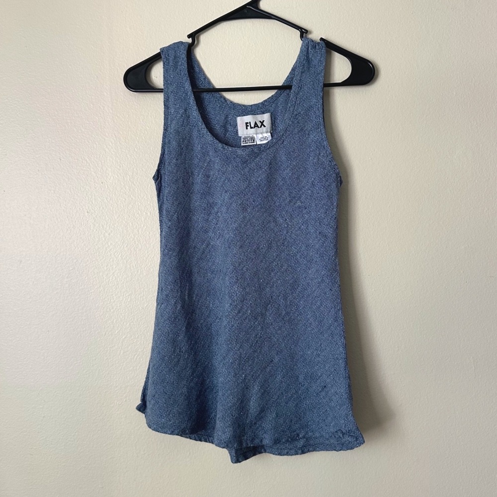 FLAX Chambray Linen Tank Top Scoop Neck Blue 100% Linen size Petite (4-6)